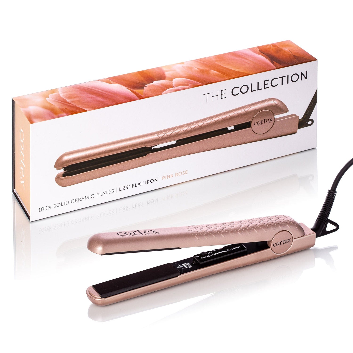 Cortex International Pink Rose The Collection - 1.25&quot; 100% Solid Ceramic Ionic &amp; Far-Infrared Technology Flat Iron