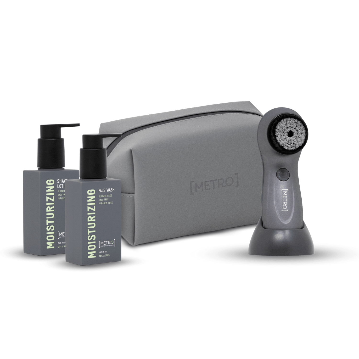 MetroMan MetroMan 100ML Moisturizing Face Wash &amp; Shave Lotion Bundle | Bag &amp; Round Trip Waterproof USB Facial Brush Included